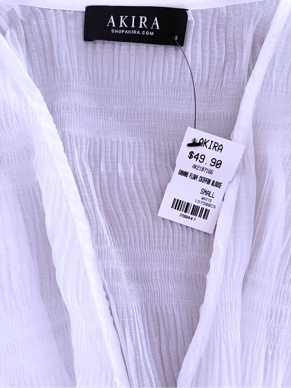 AKIRA White Sheer Billowy Smocked-Waist Blouse - Picture 2 of 2